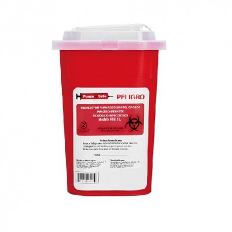 Contenedor rojo de punzo cortantes, capacidad de 1 litro, caja con 90 piezas-PuntoMedico- PS-1LITRO