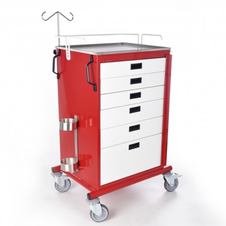 Carro para emergencias de seis cajones esmaltados blancos y cuerpo rojo-PuntoMedico- CIS-3070