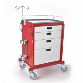 Carro para emergencias de cuatro cajones esmaltados blancos y cuerpo rojo-PuntoMedico- CIS-3050