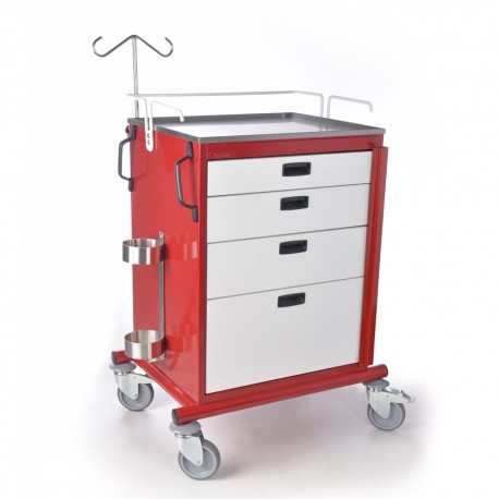 Carro para emergencias de cuatro cajones esmaltados blancos y cuerpo rojo-PuntoMedico- CIS-3050
