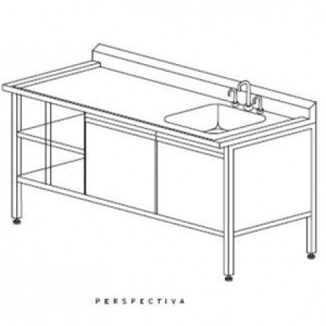 Mesa alta de 150 cm fregadero izquierdo con trampa para yeso y vitrina-PuntoMedico- HEL-HM185