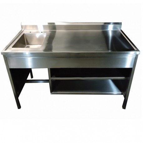 Mesa alta de 120 cm con respaldo y fregadero izquierdo totalmente en acero inoxidable-PuntoMedico- HEL-HM174